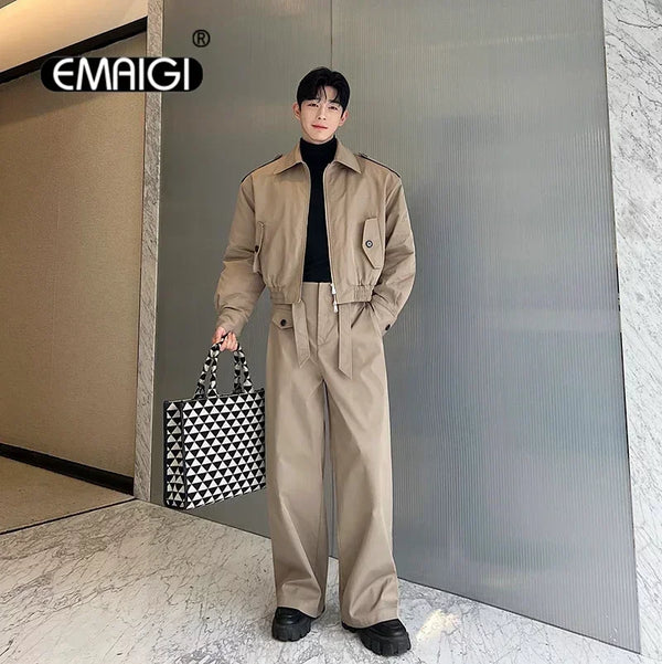 men 2 pieces sets quilted short cargo jacket pant autumn winter korean streetwear casual thicken bomber coat trousers suits baggy cargo bottoms