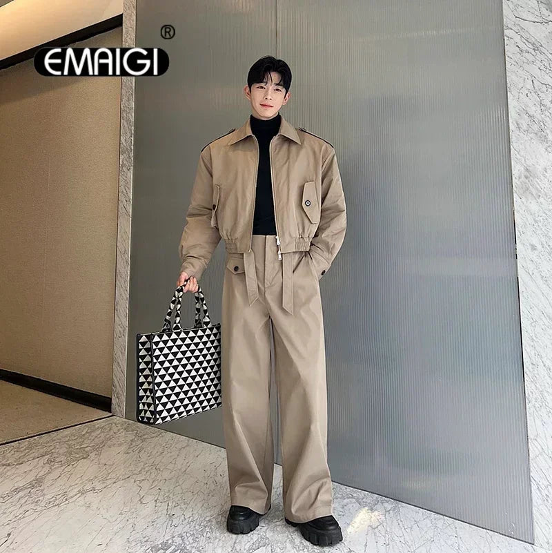 men 2 pieces sets quilted short cargo jacket pant autumn winter korean streetwear casual thicken bomber coat trousers suits baggy cargo bottoms