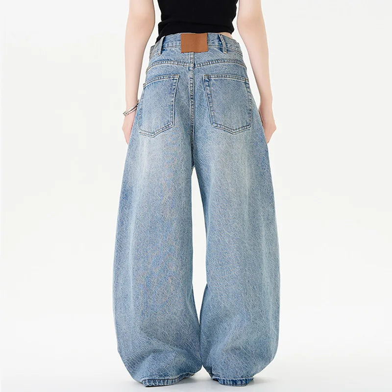 Men Women American Streetwear Vintage Washed Denim Loose Casual Wide Leg Baggy Jeans Couple Harem Jeans Trousers