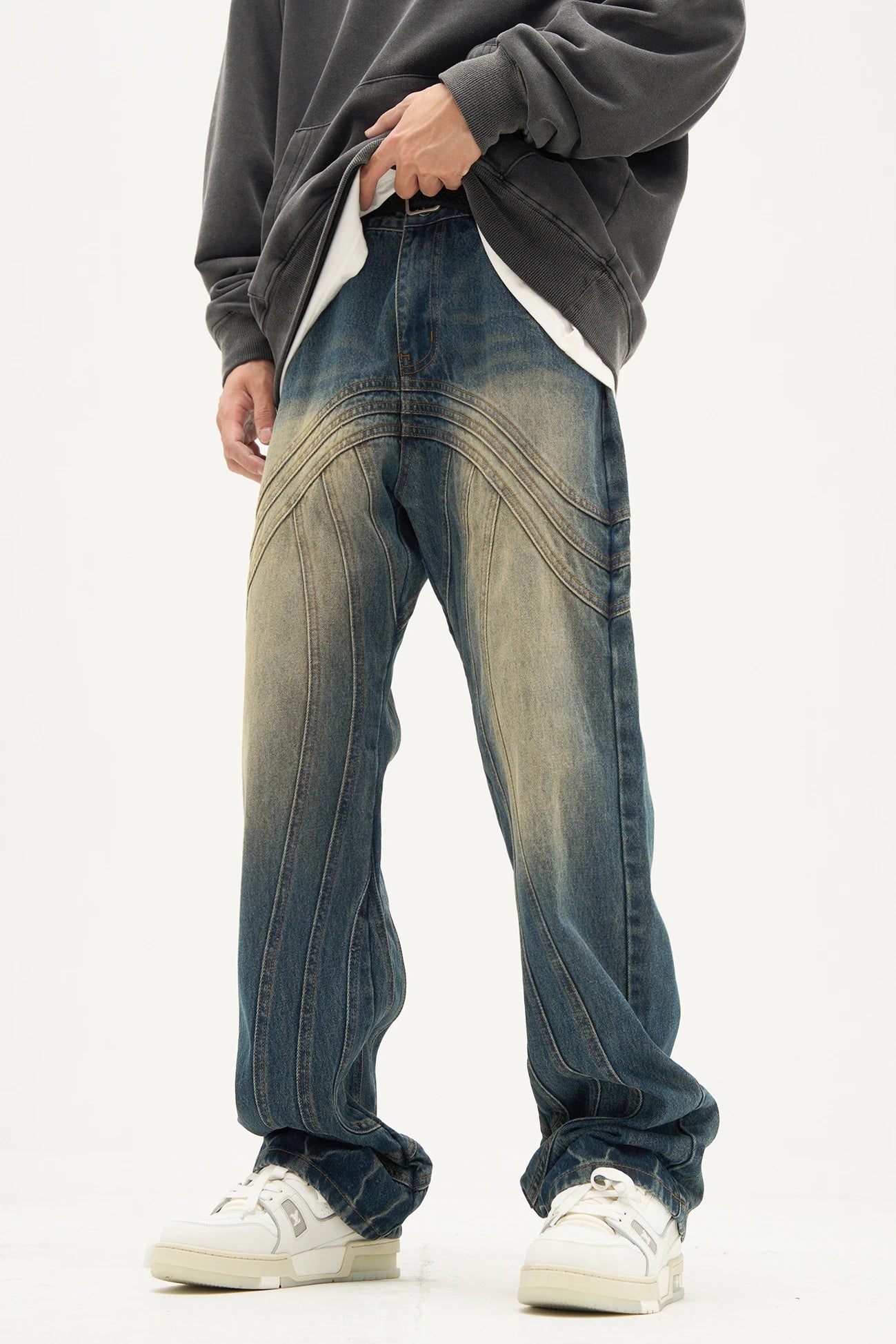 mens retro washed denim jeans loose straight pants 2023 new fashion streetwear trousers hip hop casual zipper jean pants joggers unique joggers style 2486