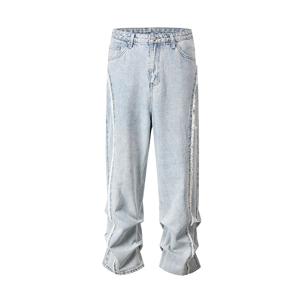 side striped washed ripped blue jeans for men and women streetwear baggy casual denim trousers straight light blue cargo pants multi-pocket cargos