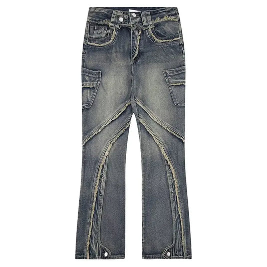 high street jeans mens spring autumn rough edge splicing design trendy denim pants multiple pockets punk cowboy flared trousers unique jeans style 429