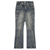 high street jeans mens spring autumn rough edge splicing design trendy denim pants multiple pockets punk cowboy flared trousers unique jeans style 429