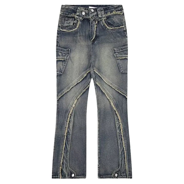 high street jeans mens spring autumn rough edge splicing design trendy denim pants multiple pockets punk cowboy flared trousers unique jeans style 429