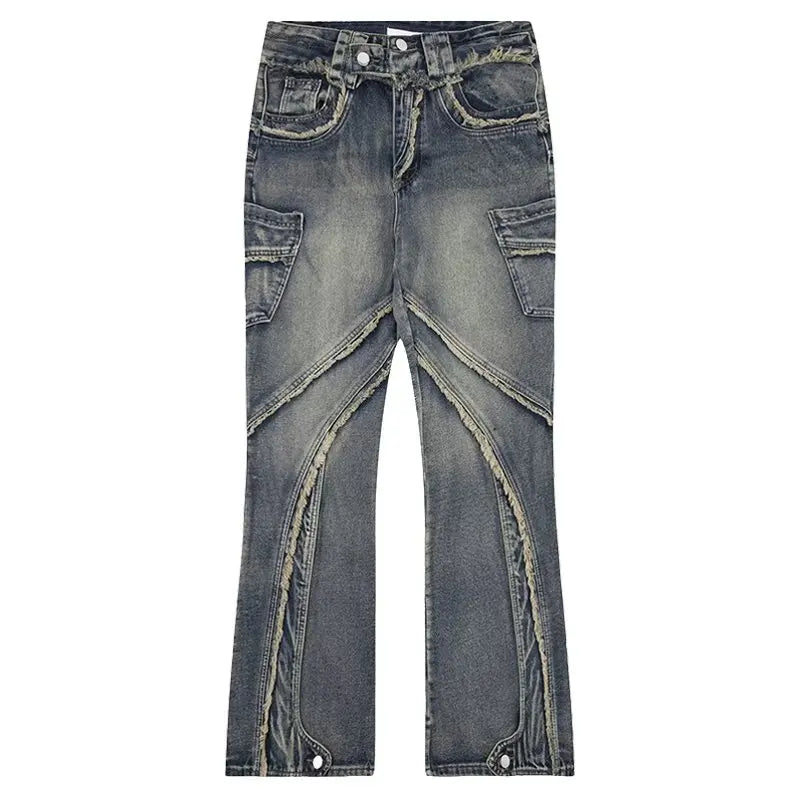 high street jeans mens spring autumn rough edge splicing design trendy denim pants multiple pockets punk cowboy flared trousers unique jeans style 429