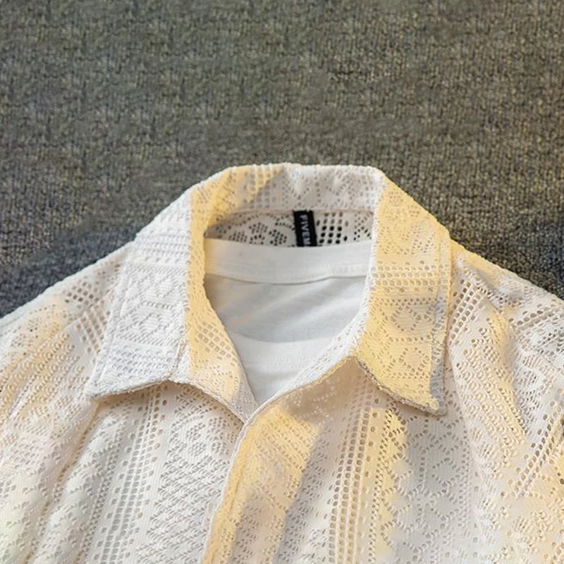 Mens Hollow Lace Elegant Short Sleeve Lazy Style Casual Breathable Personality Hollow Design Thin Shirt Unisex 2024 Summer New