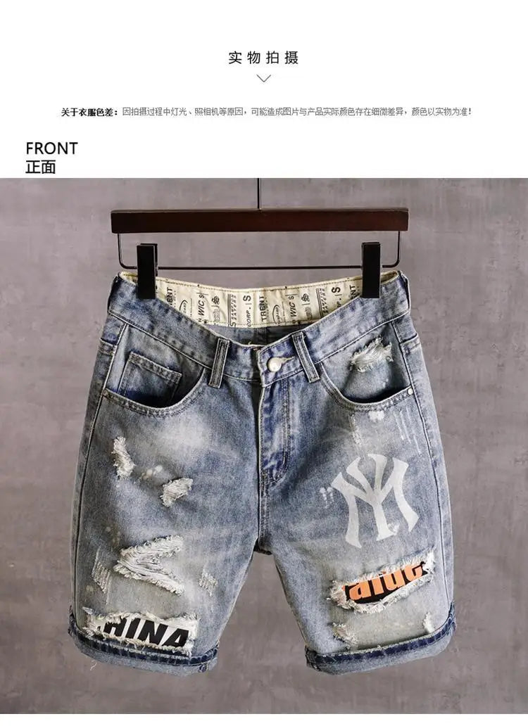 Men's Denim Shorts With Holes Washed Korean Style Straight Quarter  Patch Casual Jeans