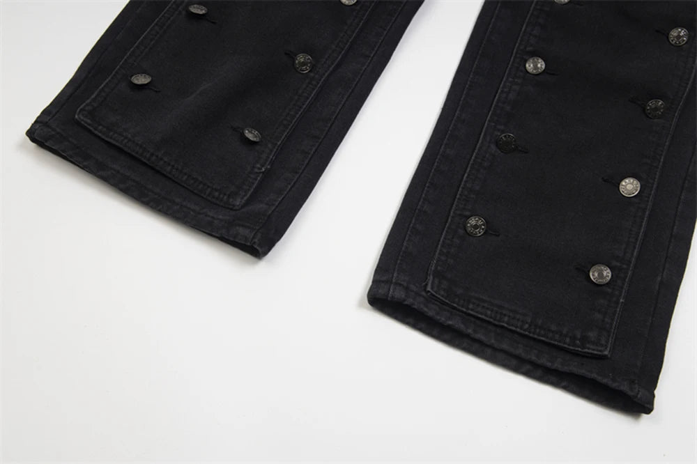 detachable button black washed baggy jeans for men straight harajuku ropa hombre loose denim trousers oversized cargo pants unique cargo style 618