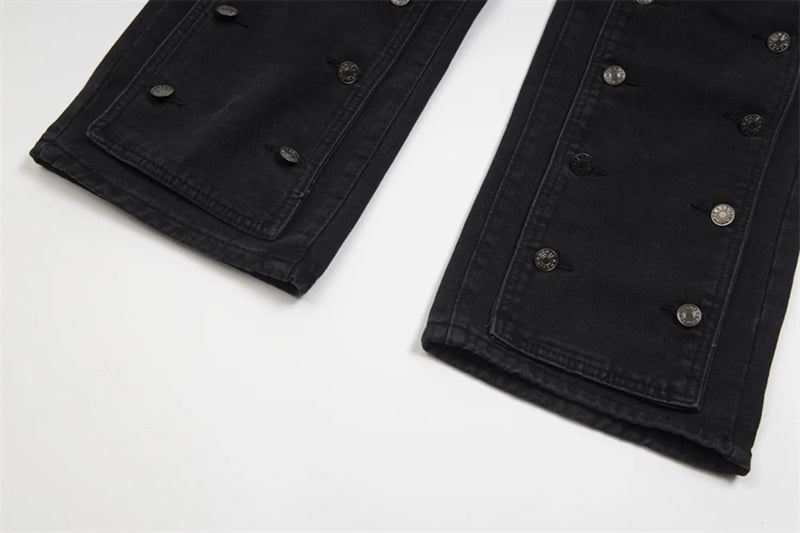detachable button black washed baggy jeans for men straight harajuku ropa hombre loose denim trousers oversized cargo pants unique cargo style 618
