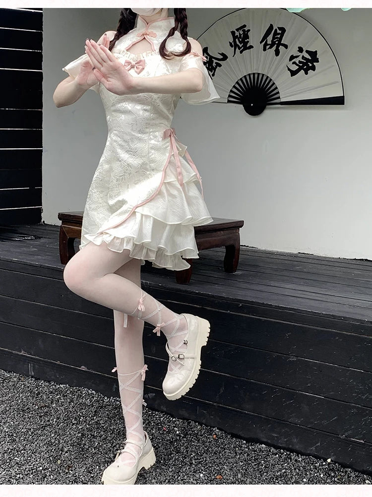 Vintage Chinese Style Cheongsam High Split Mini Dress 2024 Tie Dye Gothic Women Aesthetic Bandage Dresses Y2k Sexy Bodycon Robe