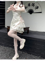 Vintage Chinese Style Cheongsam High Split Mini Dress 2024 Tie Dye Gothic Women Aesthetic Bandage Dresses Y2k Sexy Bodycon Robe