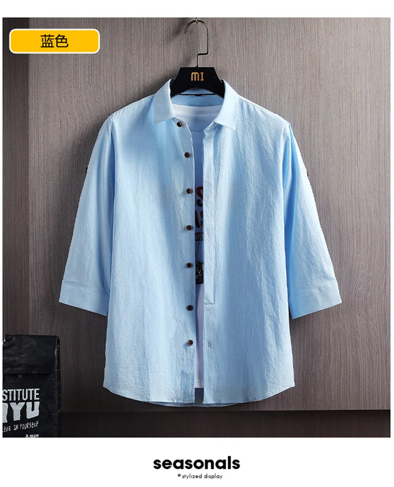 Wetailor New Summer Hot Sale Men's Short Sleeve Shirts Solid Color Easy Care Comfortable Stand-Up Collar Casual Beach Style