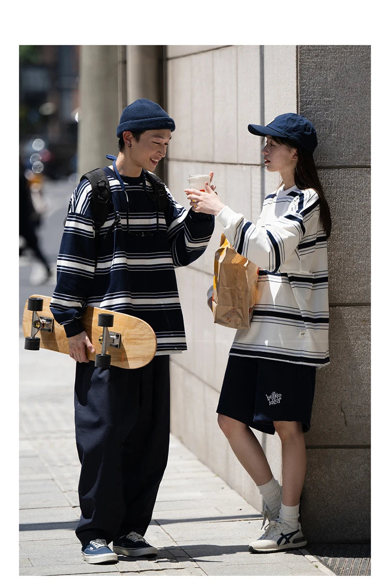 Half Zip Knit Streetwear Sweater – Autumn Japanese Retro Striped Sweatshirts For Men And Women Y2K Streetwear Crewneck Long Sleeve T Shirts Casual Pocket Knit Tops | Zip Knit Drop #61