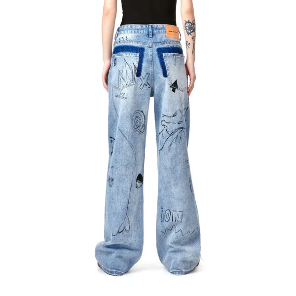 men baggy ripped jeans graffiti printed straight denim pants distressed jeans male streetwear hip hop jeans trousers y2k ripped baggy denim