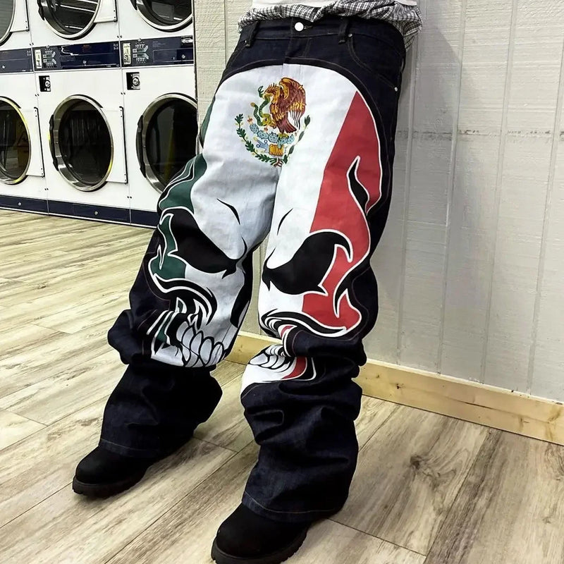 european and american high street high waist washed jeans men y2k cartoon print hip hop rock oversized wide leg pants women unique jeans style 3759
