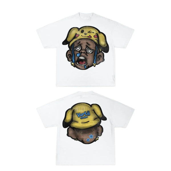 y2k glitchcore anime tee with broken block print and neon panels
