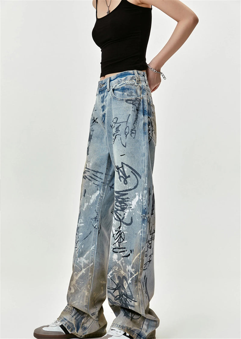 men baggy jeans graffiti printed loose straight denim pants luxury designer jeans male streetwear hip hop jeans trousers y2k unique jeans style 4533