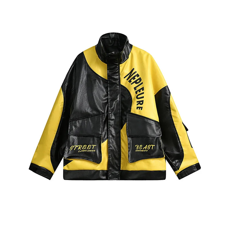 streetwear jacket featuring fashion varsity jacket men pu leather patchwork jackets 2023 new harajuku streetwear hip hop oversized couple coat black design – premium quality jacket for men