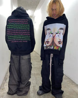 Y2K American Street Fashion Anime Letter Graffiti Print Oversized Hood