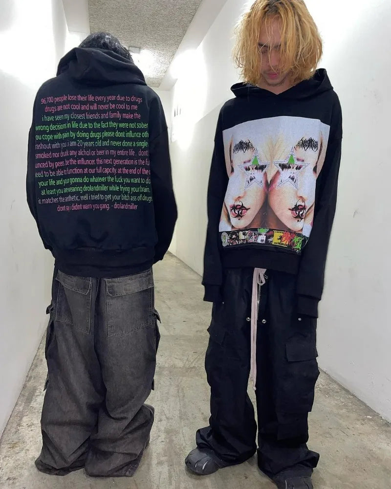Y2K American Street Fashion Anime Letter Graffiti Print Oversized Hood