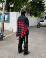 Undermycar 2023 New Worn Out Heavy Work Durable Splice Extra Large Loose Plaid Shirt with Black and Red Plaid
