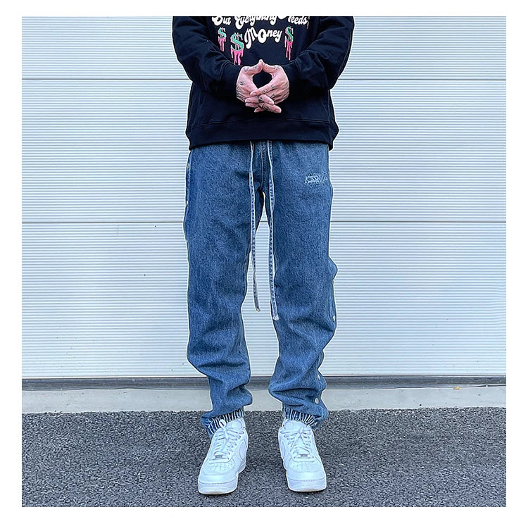 washed distressed denim sweatpant cashew flower patchwork oversized splice buckle jogging jeans casual button baggy men clothing unique joggers style 4360