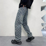 men jacquard streetwear hip hop vibe casual straight denim jeans pants boyfriend high street ripped jeans trousers urban skinny jeans