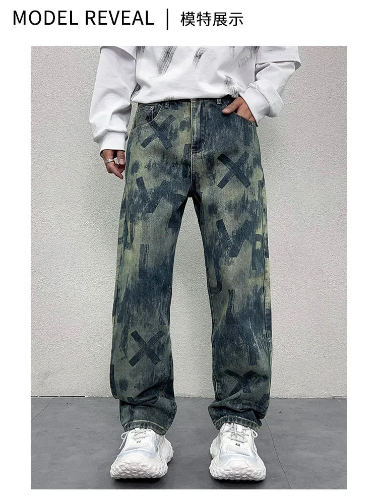 men loose casual american high street hip hop vibe printed denim baggy jeans pants man streetwear ripped jeans trousers unique jeans style 3090