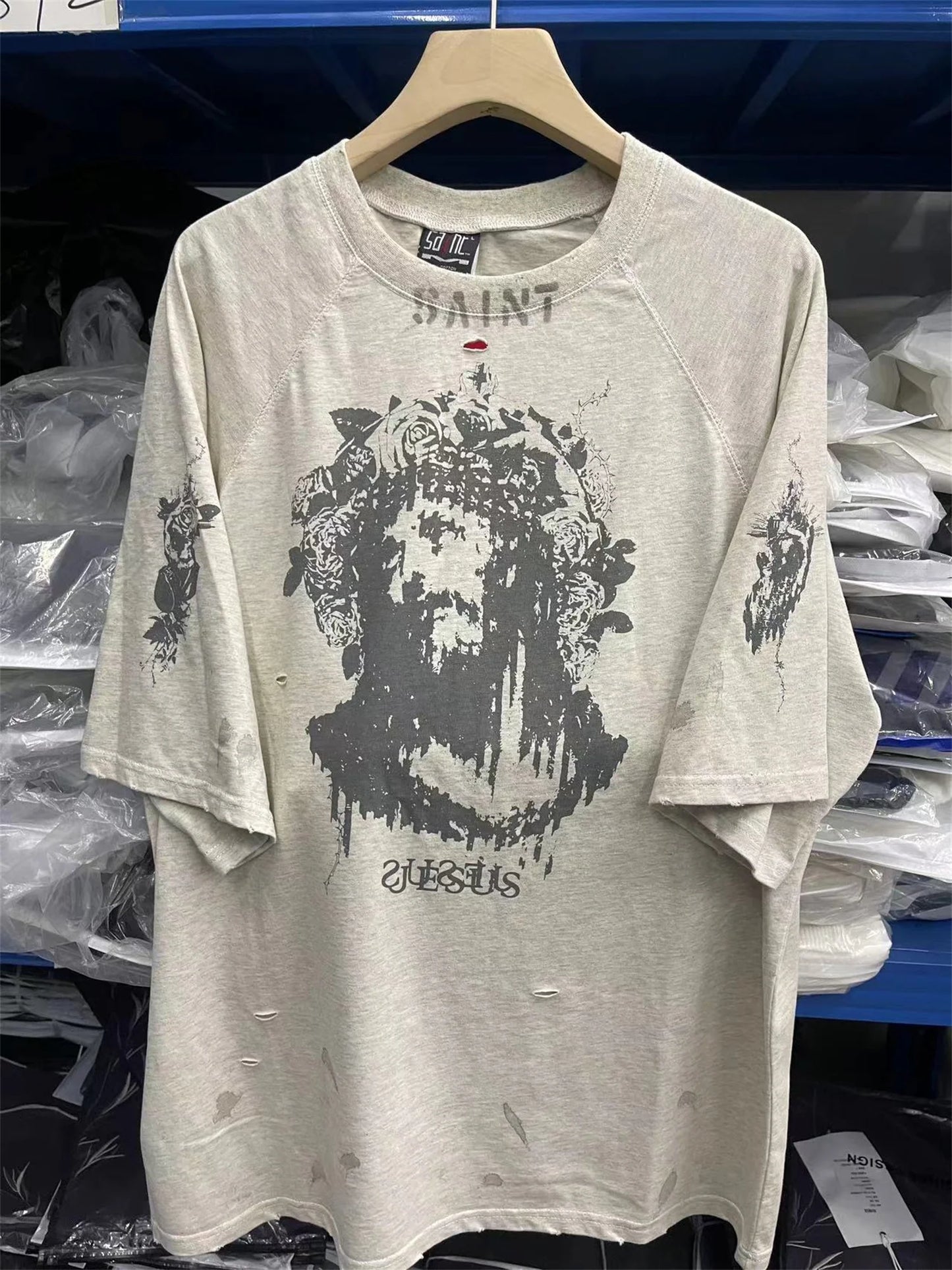 anime streetwear top featuring vintage 2024 print retro high street portrait graffiti print destroys mens washed and worn loose t shirt