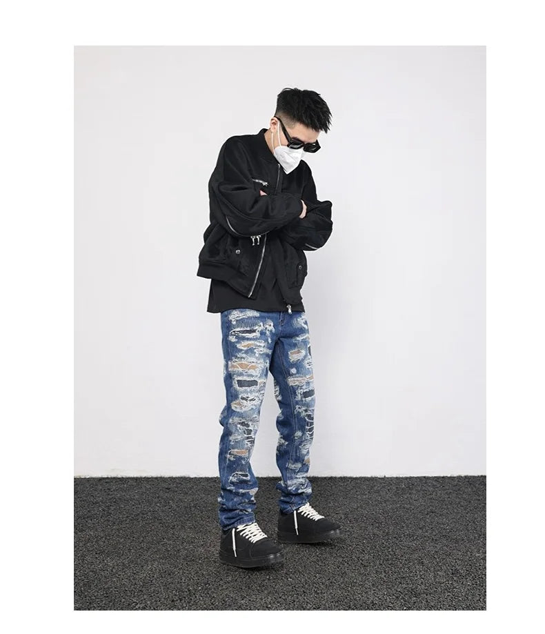 retro washed 3d printed fake distressed jeans hip hop denim pants streetwear jean pants mens harajuku cotton trousers joggers unique joggers style 3884