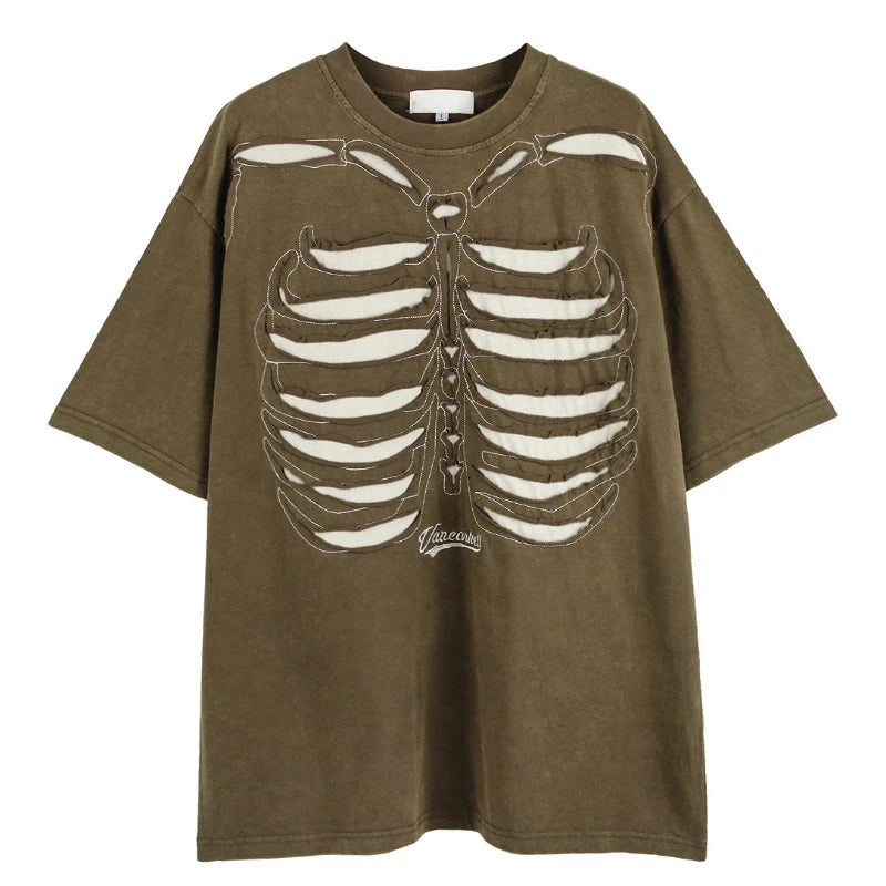 Skatercore Top – Fashion Skull Skeleton Holes Harajuku O Neck T Shirt – Urban Streetwear for Men & Women