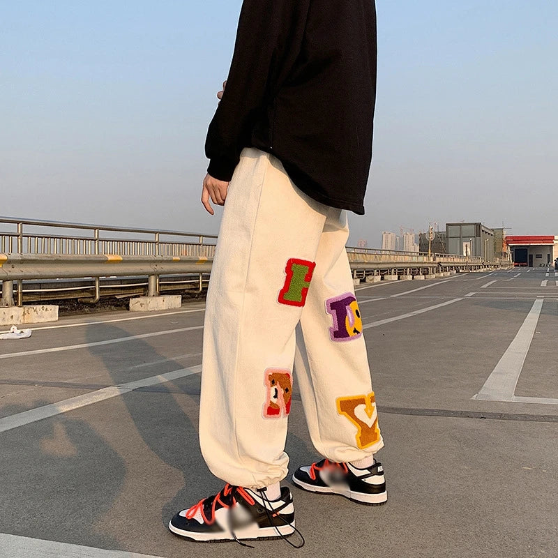 preppy style letter embroidery straight men baggy tracksuit pants y2k clothes sweatpants male drawstring casual long trousers unique joggers style 1060