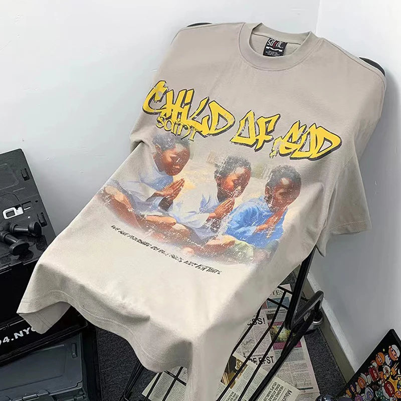 Glitchcore Fashion – Saint T Shirt Prayer Child Nostalgia Vintage Printing Hip Ho – Urban Streetwear for Men & Women