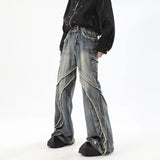 high street jeans mens spring autumn rough edge splicing design trendy denim pants multiple pockets punk cowboy flared trousers unique jeans style 423