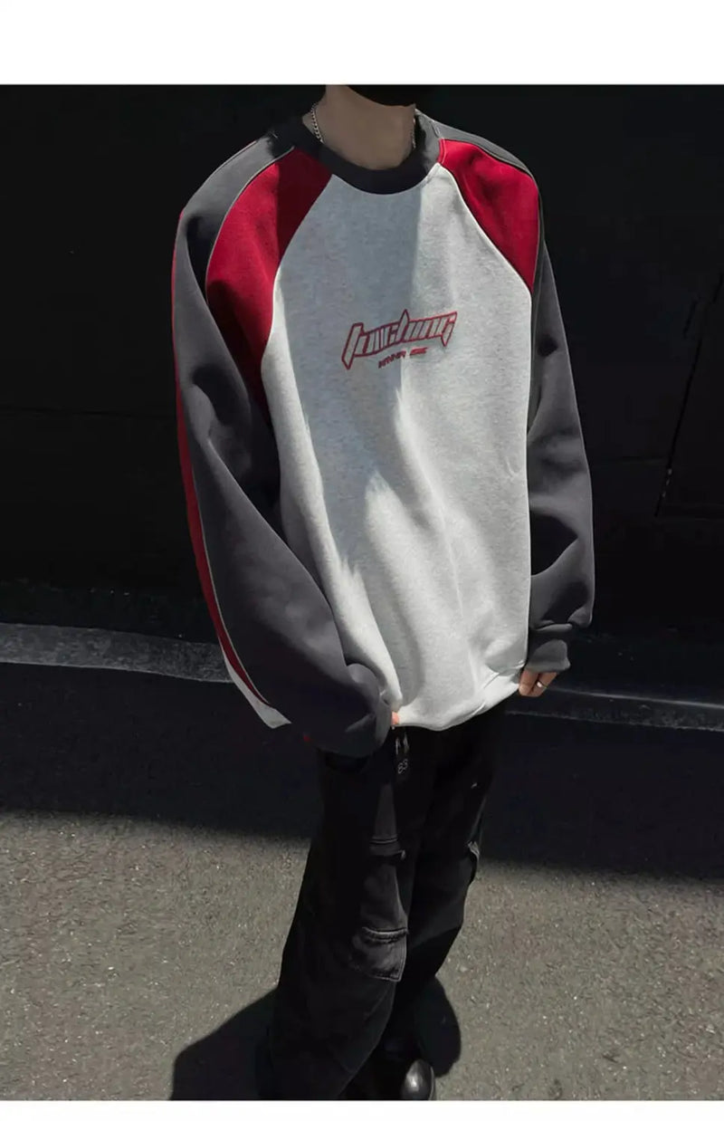 Trendy Personality Korean Motorcycle Style Round Neck Sweatshirt Men 2024 Spring Autumn Niche Contrasting Color Pullover Hot Top
