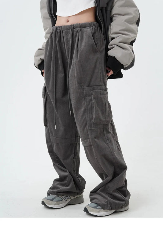 women high street corduroy pants casual elastic waist side pocket loose straight pant unisex hip hop y2k loose streetwear jogger casual joggers