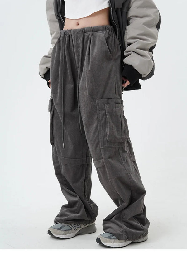 women high street corduroy pants casual elastic waist side pocket loose straight pant unisex hip hop y2k loose streetwear jogger casual joggers