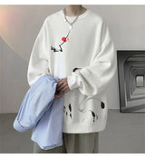 Ink Painting Cartoon Crane Printed Pullover Hoodies For Men 2024 New H