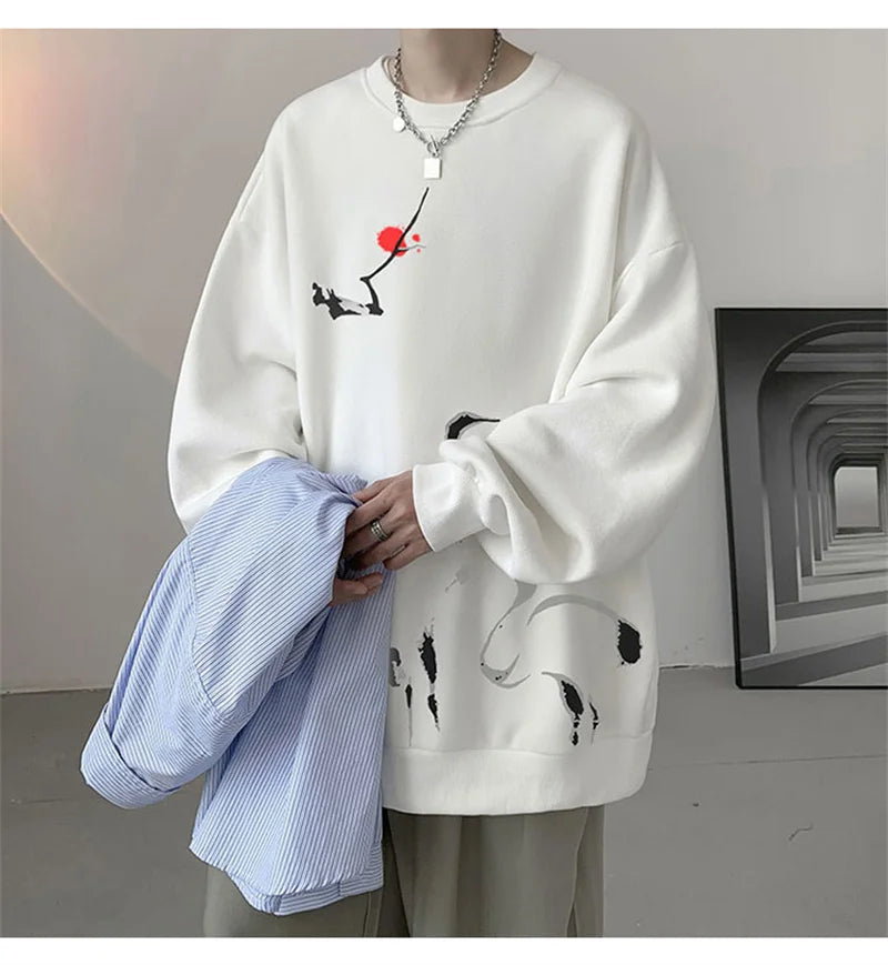 Ink Painting Cartoon Crane Printed Pullover Hoodies For Men 2024 New H