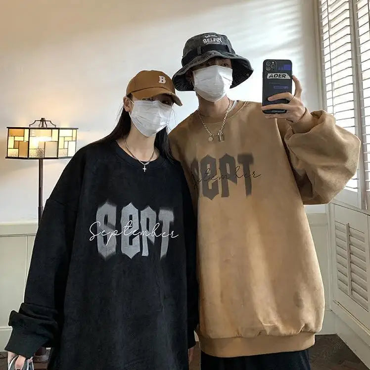 Suede Korean Trendy Round Neck Sweatshirt for Men American Retro Print Trendy Brand Autumn Loose Couple Wear Jacket Tops
