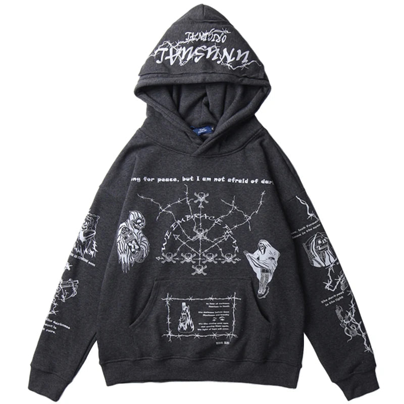 2023 Hip Hop Hoodie Sweatshirt Men Streetwear Skull Graffiti Print Hoodie Pullover Cotton Autumn Grey Harajuku Punk Clothes New