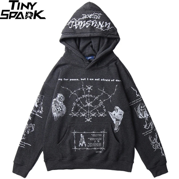 2023 Hip Hop Hoodie Sweatshirt Men Streetwear Skull Graffiti Print Hoodie Pullover Cotton Autumn Grey Harajuku Punk Clothes New