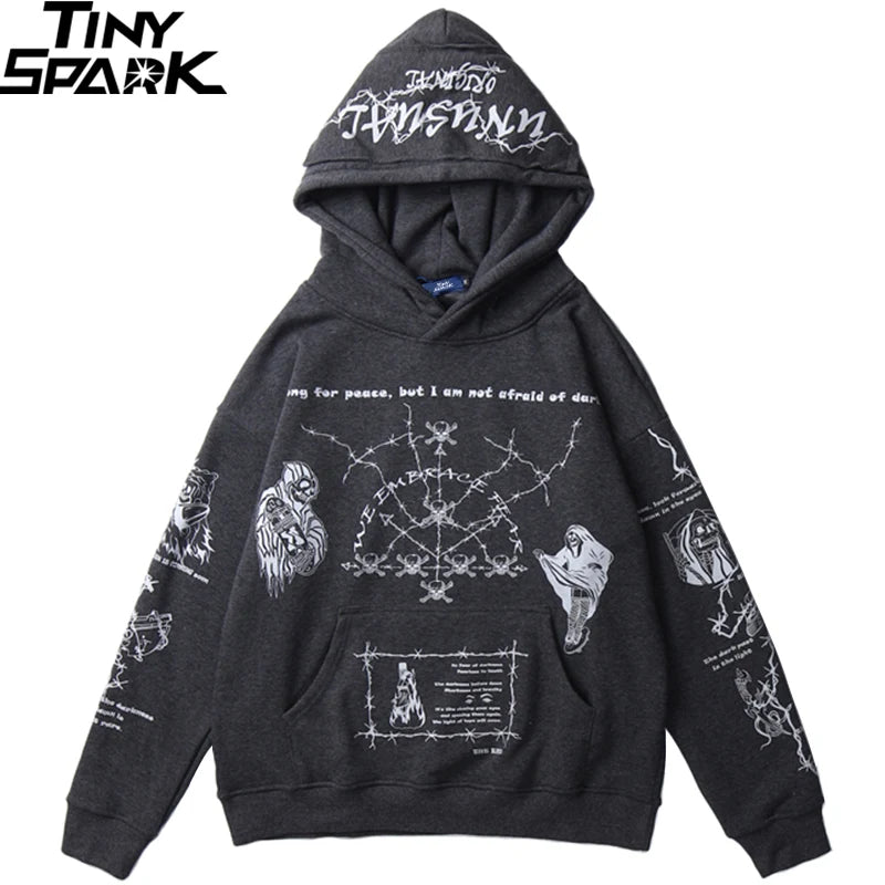 2023 Hip Hop Hoodie Sweatshirt Men Streetwear Skull Graffiti Print Hoodie Pullover Cotton Autumn Grey Harajuku Punk Clothes New