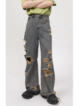 rainbowtouches 2022 men washed jeans vintage high street hole design fashion jeans popular loose straight hip hop long pants unique jeans style 4955