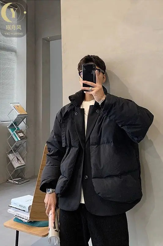 Korean street trend men and women retro personality fake two piece design couple winter loose thick casual jacket top harajuku