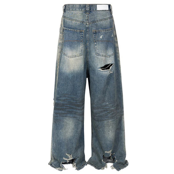 mens fashion ripped jeans blue straight baggy jeans trousers luxury designer loose casual distressed denim pants male stacked flare jeans