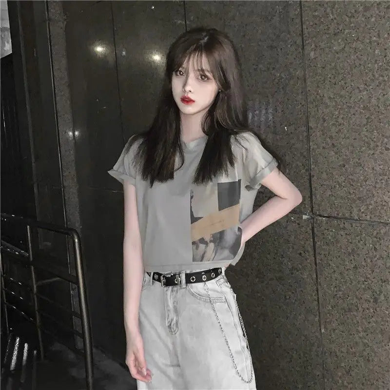 Skatercore Vintage print – New Summer New Pure Cotton Discreet Navel Baring Short Sleev