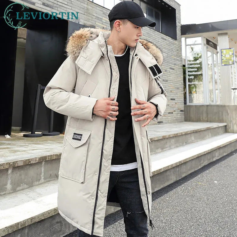 Korean Style Winter Long Parka Coat Men Woman Down Jacket Clothing Hooded Fur Collar Thicken Warm Leisure Lovers Overcoat