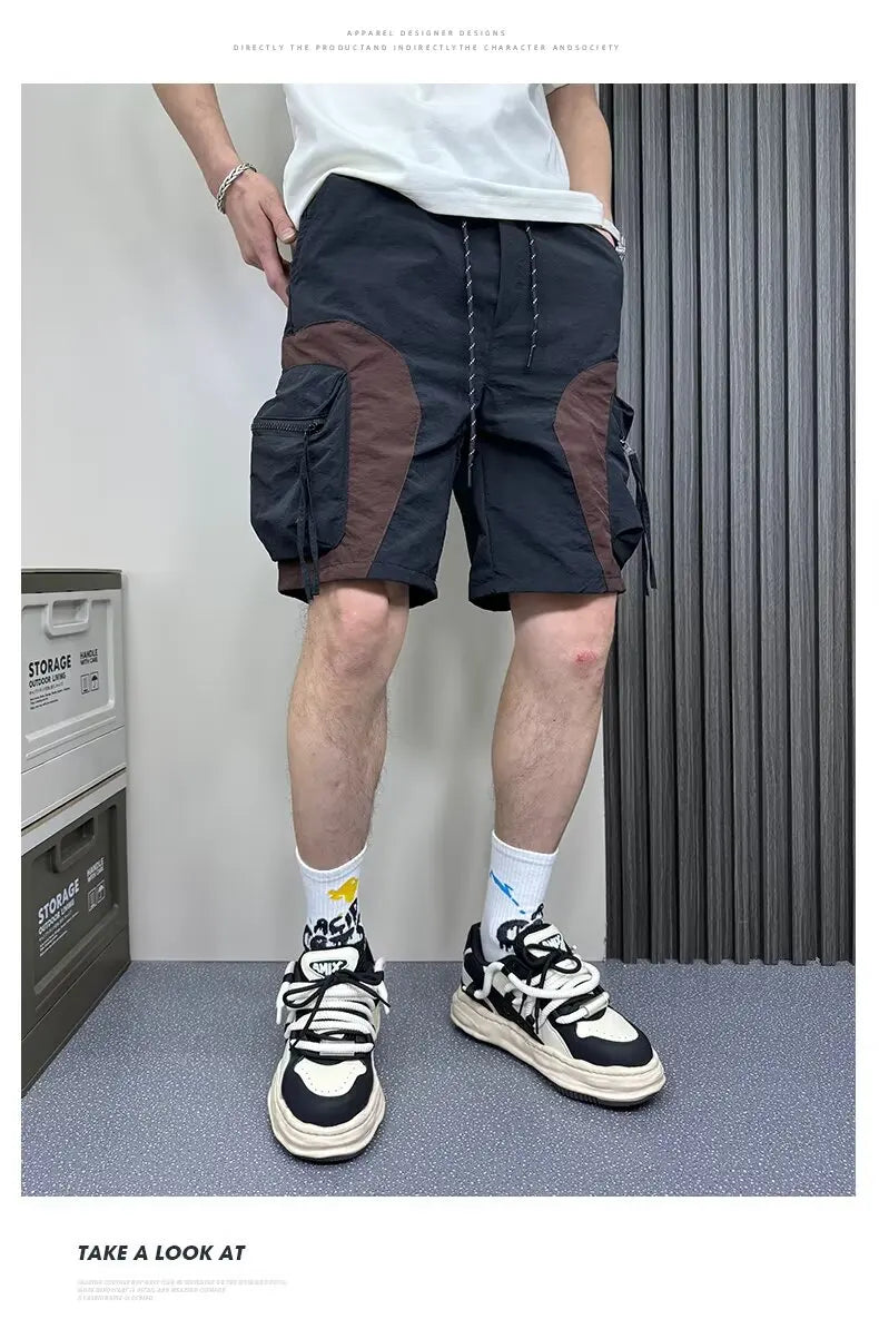 cargo shorts american fashion 2024 summer young men dark workwear casual half pants zipper big pocket beach shorts korean fashio multi-pocket cargos