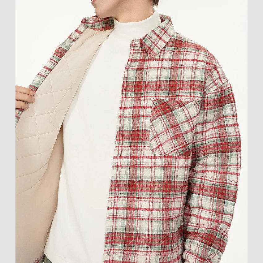 Autumn Winter Men Streetwear Fashion Loose Casual Oversize Plaid Cotton-padded Shirt Style Parkas Jacket Campus Couple Coat